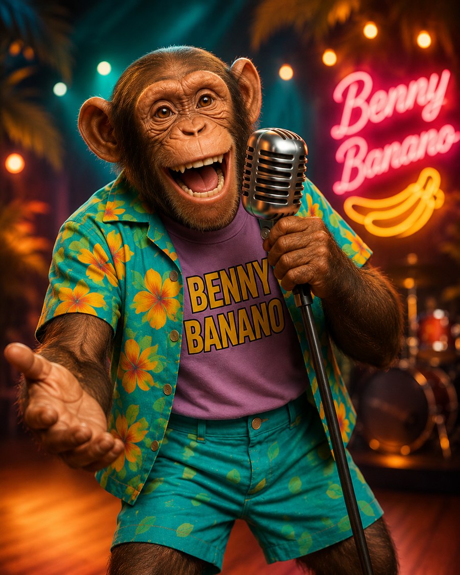 Benny Banano singt mit Mikrofon auf einer tropischen Bühne