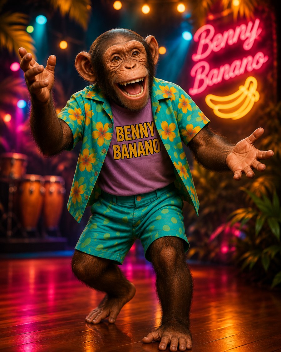 Pressefoto von Benny Banano auf einer tropischen Bühne